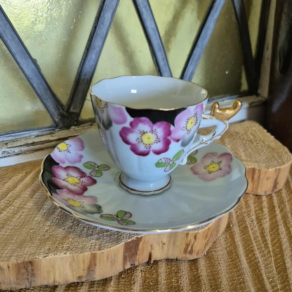 SHAFFORD Vintage Black & Pink Mini Porcelain Tea Cup - Picture 2 of 6